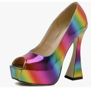FSJ Women Classic Thick High Heels Platform Rainbow Elegant Peep Toe Multicolor
